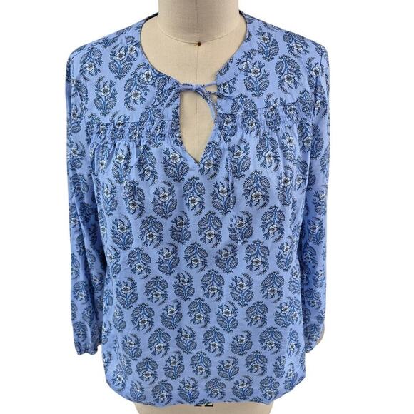 J Crew 100% Cotton Popover Split Neck Peasant Blouse Blue Floral Sz L - Picture 2 of 7